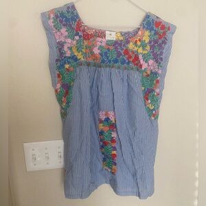J. Marie Colorful Embroidered Blue Striped Top